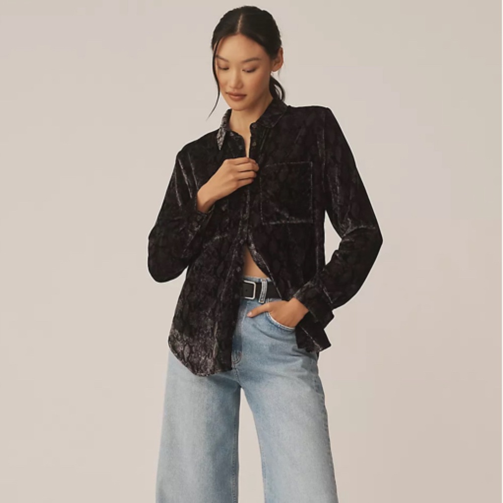 NWT Anthropologie Pilcro Hadley Relaxed Velvet Buttondown Shirt XXSP Petite